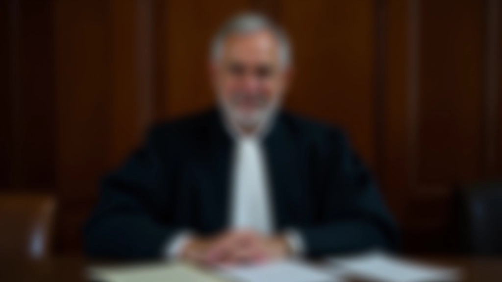 Soudce v rouše sedí u stolu s právními dokumenty a kladivem v soudní síni
