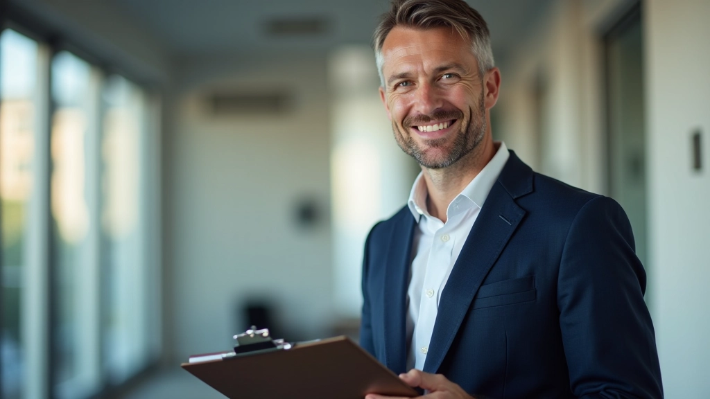 Muž kontroluje domácnost s poznámkovým blokem, bezpečnostní postoj, kancelářské prostředí