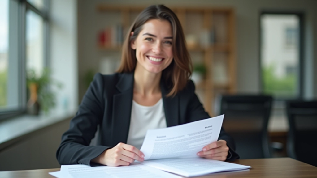 Usměvavá žena v office oblečení sedí v kanceláři a drží pojistné dokumenty s razítkem